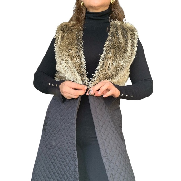Minimalist Long Vest - Beige Faux Fur & Black Quilted | Medium - Picture 5 of 11